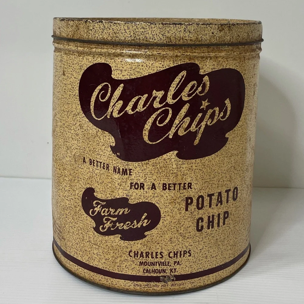 Vintage Tin Charles Chips Large Antique Farmhouse Decor MCM